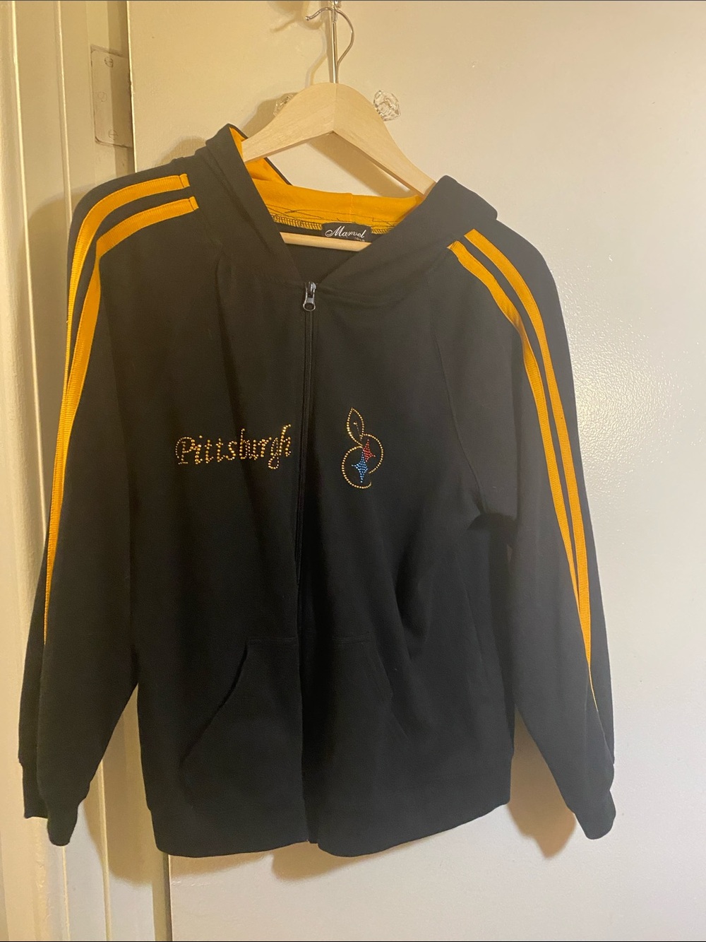 Marvel Black Hooded Zip-Up Jacket with Yellow Stripes-Pittsburgh Steelers!